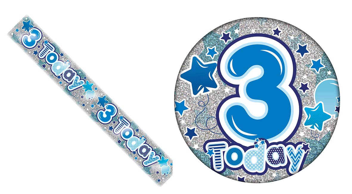 Age 3 Blue, Red, Green And Silver Holographic Shiny 3rd Birthday Party Kit Set (Banner And Giant Badge)