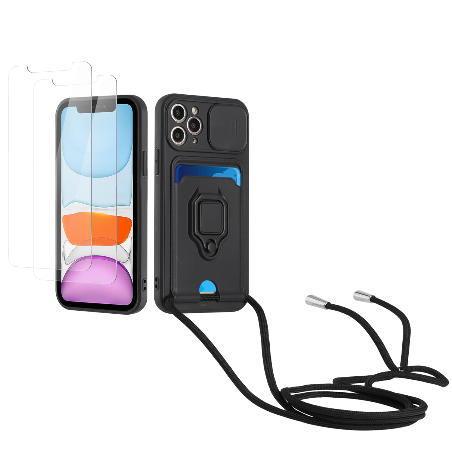 Kaslly Funda con Cuerda para Samsung Galaxy A35+[2 Pack Protector Pantalla],Case con Ranura para Tarjetas,Cubierta de Cámara Deslizante Proteger,Doble Cara Protección-Negro — view 53