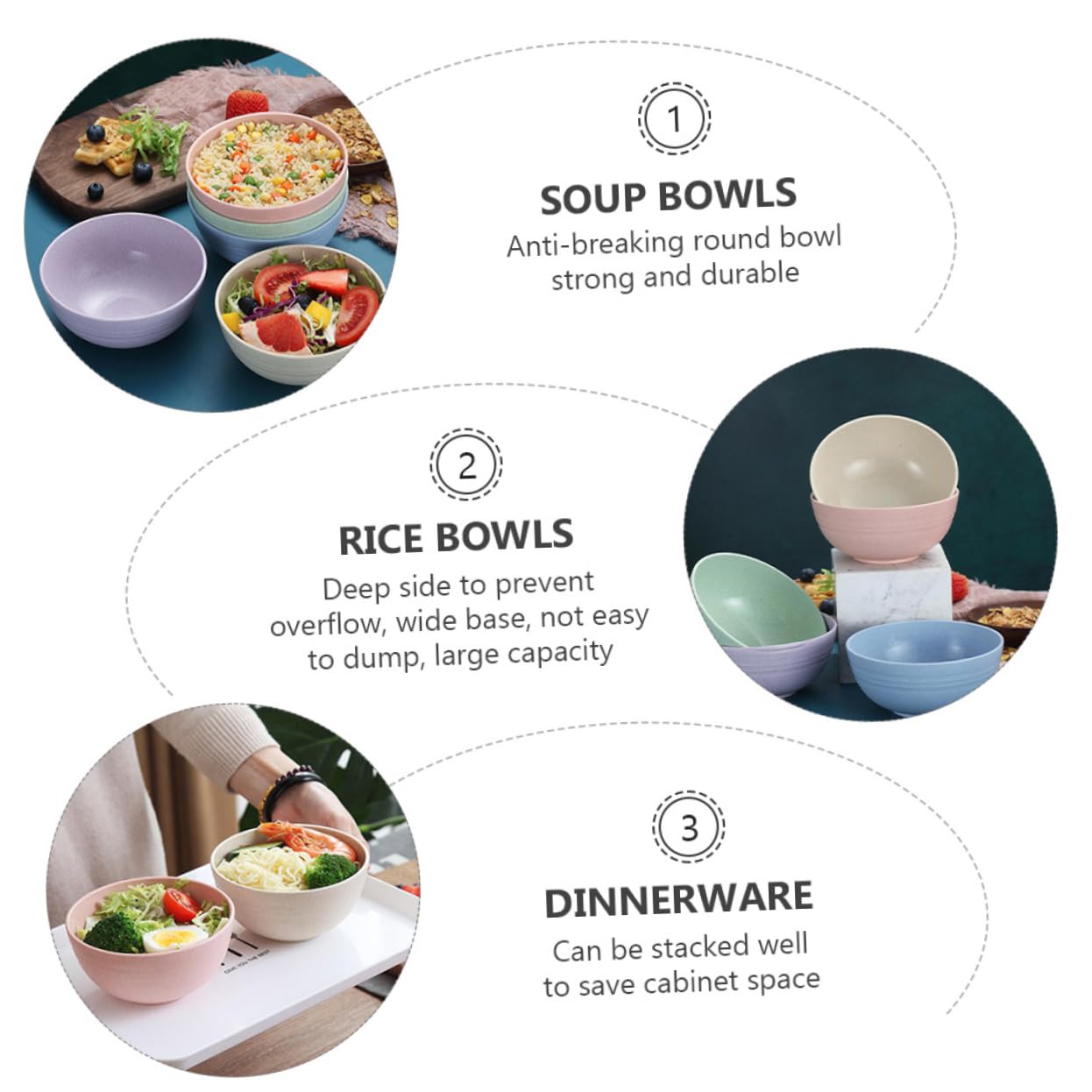 MUCKLILY 10Pcs Wheat Straw Lightweight Rice Bowls Heat Resistant and for Home Dinnerware for Rice Noodles and Soup Pink Blue Beige Green