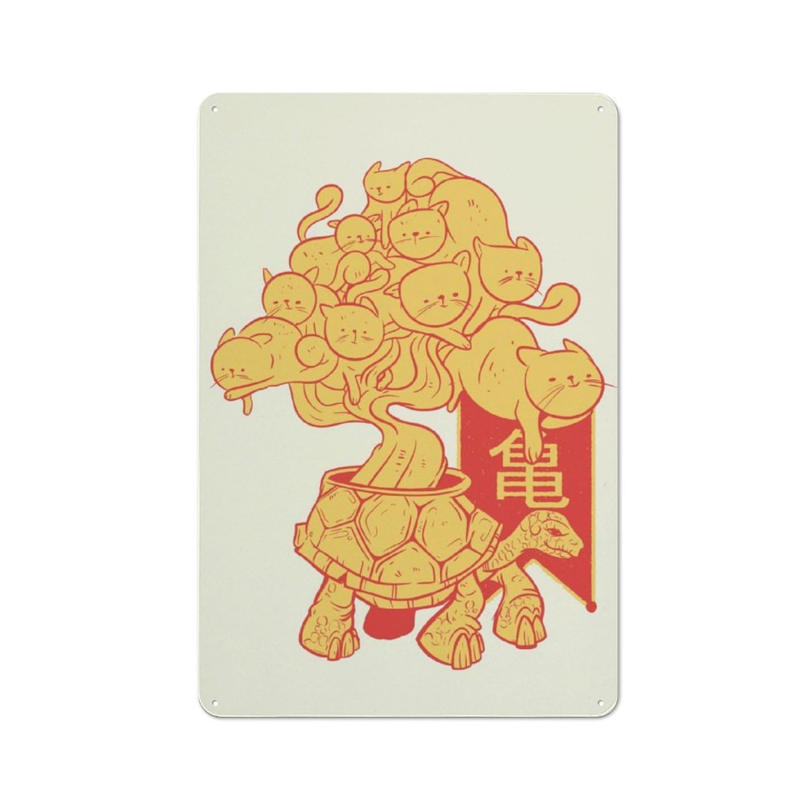Classic Metal Plaque 30x20cm Featuring Turtle Bonsai Kittens, Bistro Wall Plaque for Kitchen, Cafe, Pantry Or Dining Room