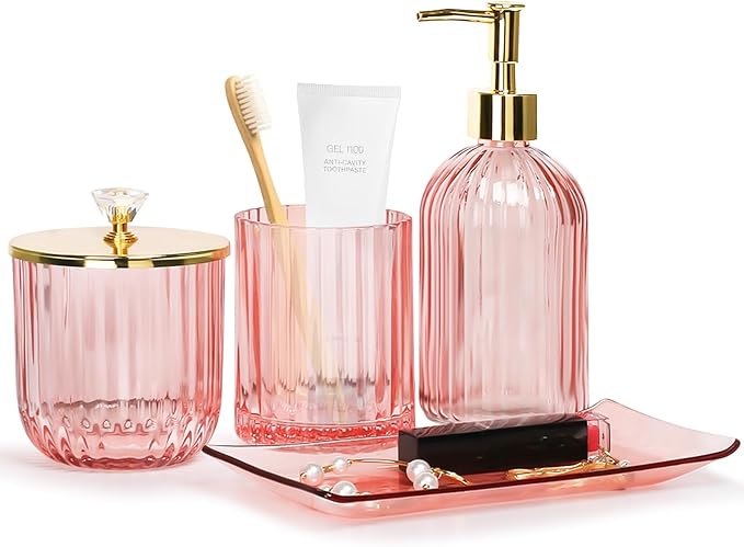 Jenseits Pink Bathroom Accessories Set, 4 Pcs Glass Bathroom Accessory Sets, Soap Dispenser, Toothbrush Holder, Qtip Holder, Vanity Tray, Housewarming Dorm Apartment Decor Home Essentials Gift For Her