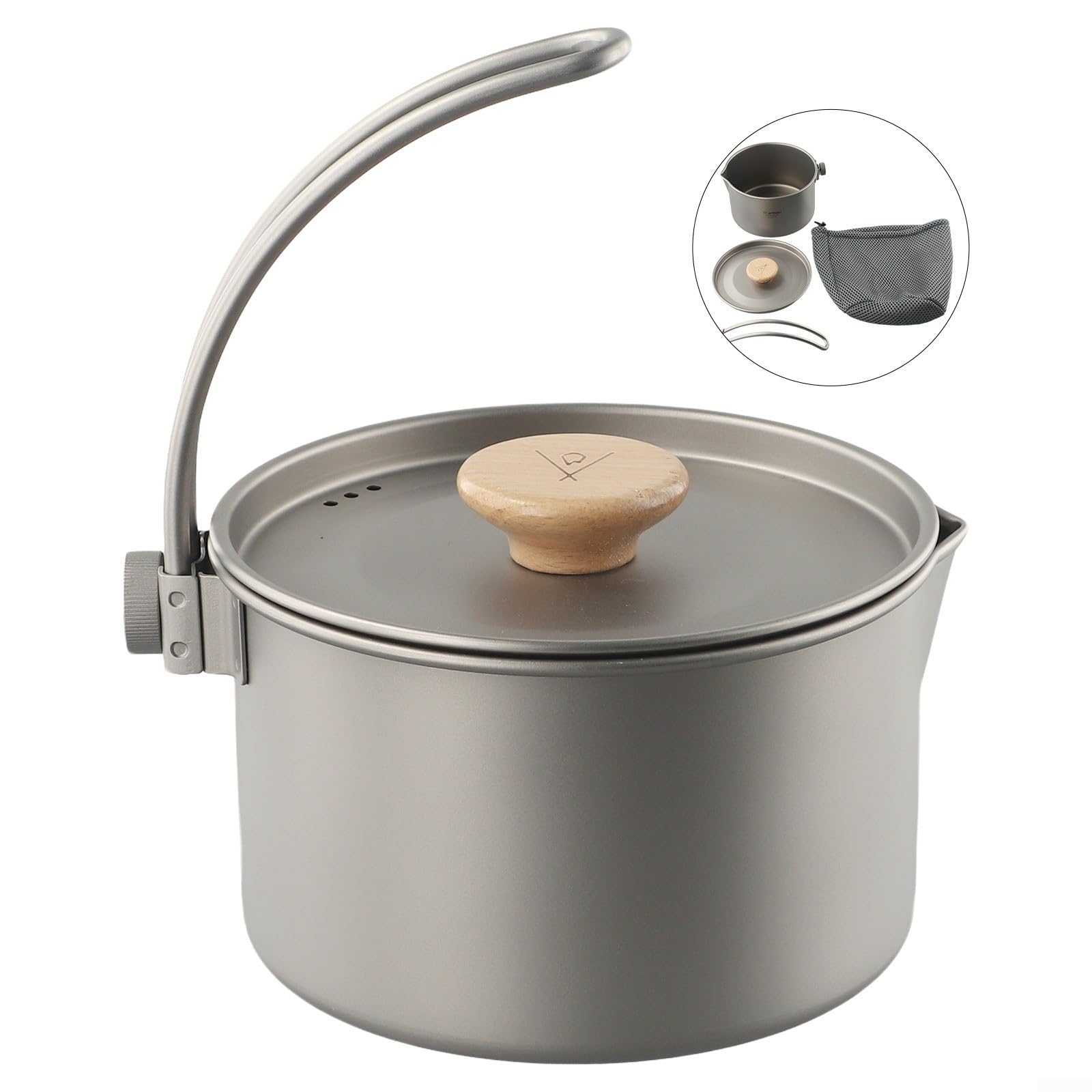 Olla de camping al aire libre de 37 onzas con tapa de bloqueo, mango desmontable, utensilios de cocina para colgar senderismo, picnic, a prueba de óxido con bolsa de almacenamiento
