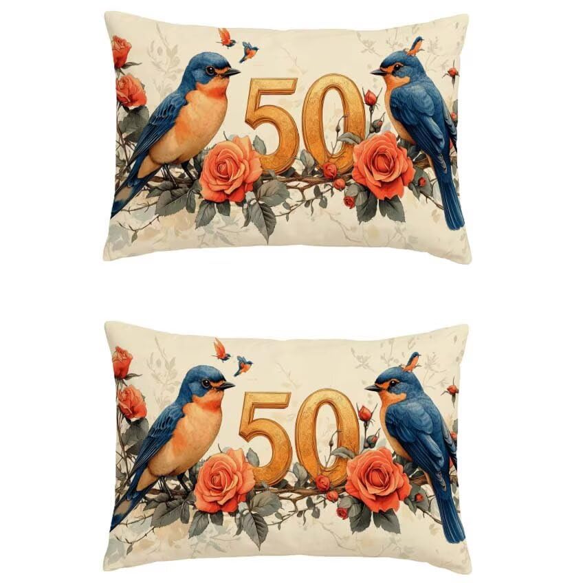 Housse coussin exterieur marine 50x90 lin impermeable motif oiseau
