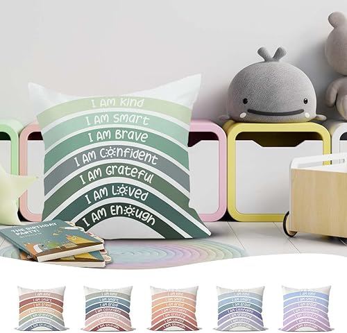 Miniatura 5 de QIYUHOY Fundas de almohada bohemias de eucalipto verde arco iris para aula, funda de almohada verde oliva, centro de libros, funda de almohada
