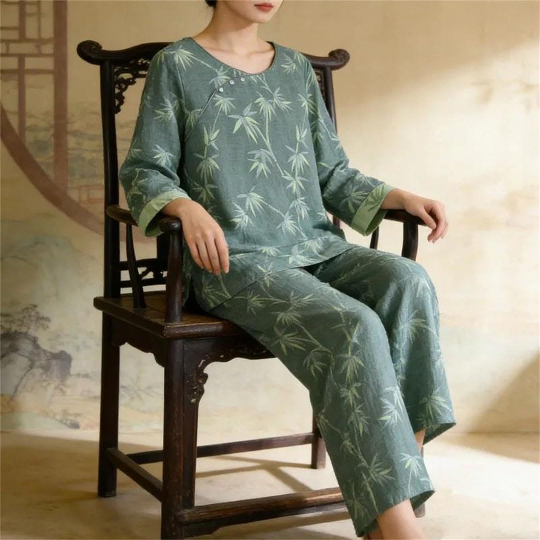 Conjunto de pijama de algodón texturizado para mujer, manga larga, pantalones largos, ropa de casa china