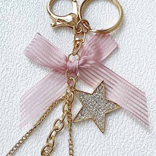 Swjewel Bling Rhinestone Star Keychain Tassel Bow-Knot Pearl Car Keyring Charm Purse Pendant Handbag Birthday Gift For Girls Women-Pink #TOP3
