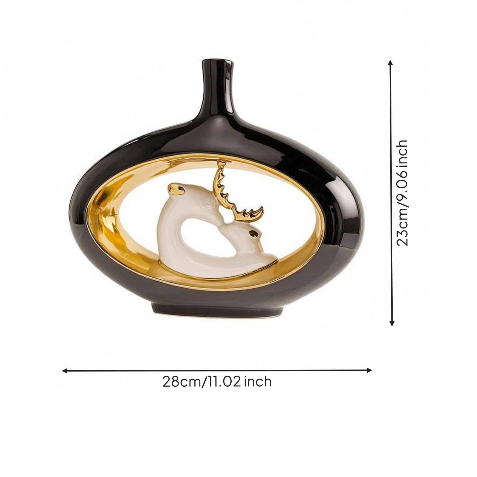Jarrón Ciervo Esmalte Brillante Jarrón Cerámico Decorativo Estilo Clásico para Exhibición Floral, Negro, Dorado, Jarrón De Ciervo 11029