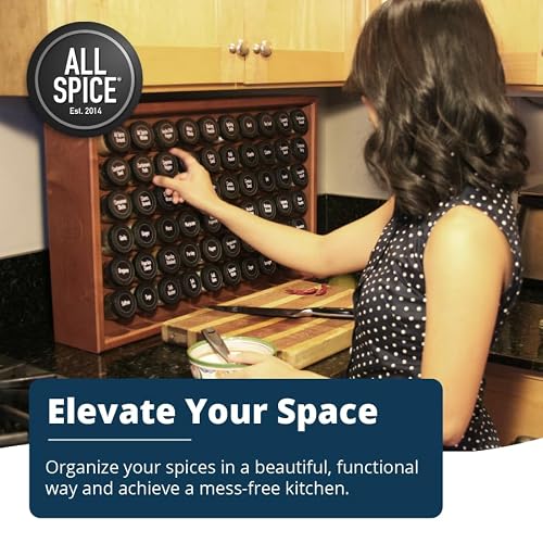 AllSpice Spice Rack Organizer, Wood, 525 Unique Labels, Countertop or Wall Mount, Includes 30 4oz Jars- Cherry Stain