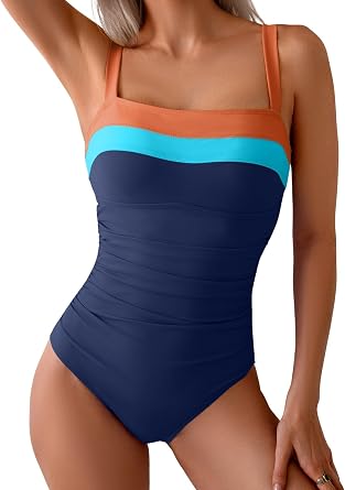 Eomenie Womens One Piece Swimsuit Tummy Control Ruched Bathing Suit Full Coverage Slimming Swimwear Color Block Swim Suit