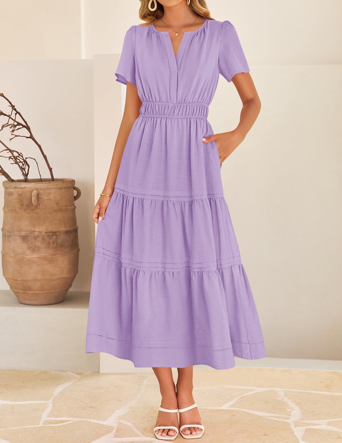 ZESICA Women's Summer Casual Short Sleeve Midi Dresses 2026 V Neck Elastic Waist Tiered Flowy Boho Dress with Pocket - Image 8