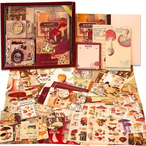 Image of The AutoStory Cottagecore Scrapbook Kit A6 Junk Journal Notebook Stickers Rustic Collage Paper Washi Tape DIY Craft Art Diary Planner Decor Gift for Teens Girls (Mushroom in the Wind, Brown)