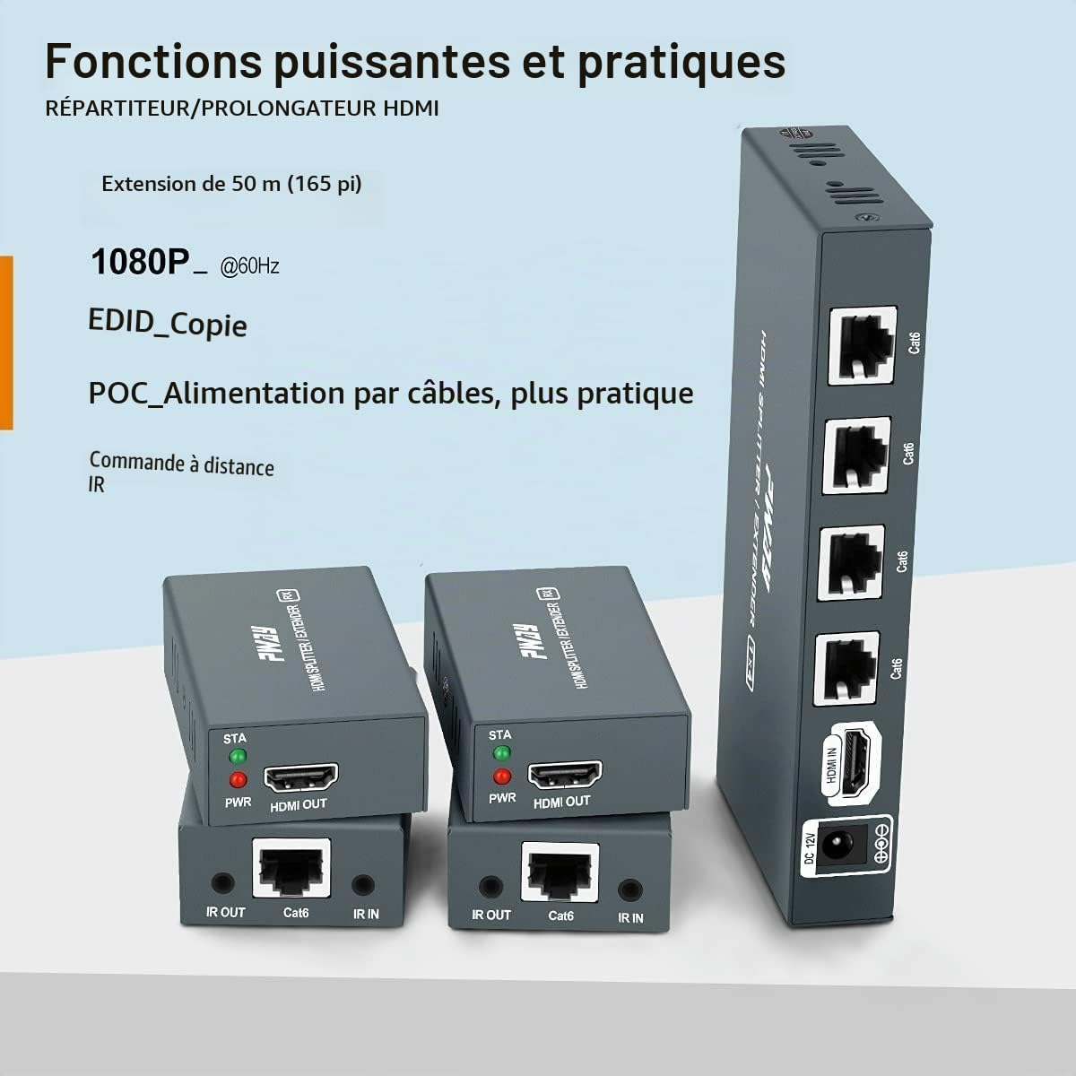 PW-HTS0104IR(POC) Extendeur répartiteur HDMI Port 1X4 sur câble Ethernet Cat5e/Cat6 avec IR Pas de délai jusqu'à 60 m (196 Pieds) et résolution jusqu'à 1080P@60Hz (1 entrée 4 Sorties)