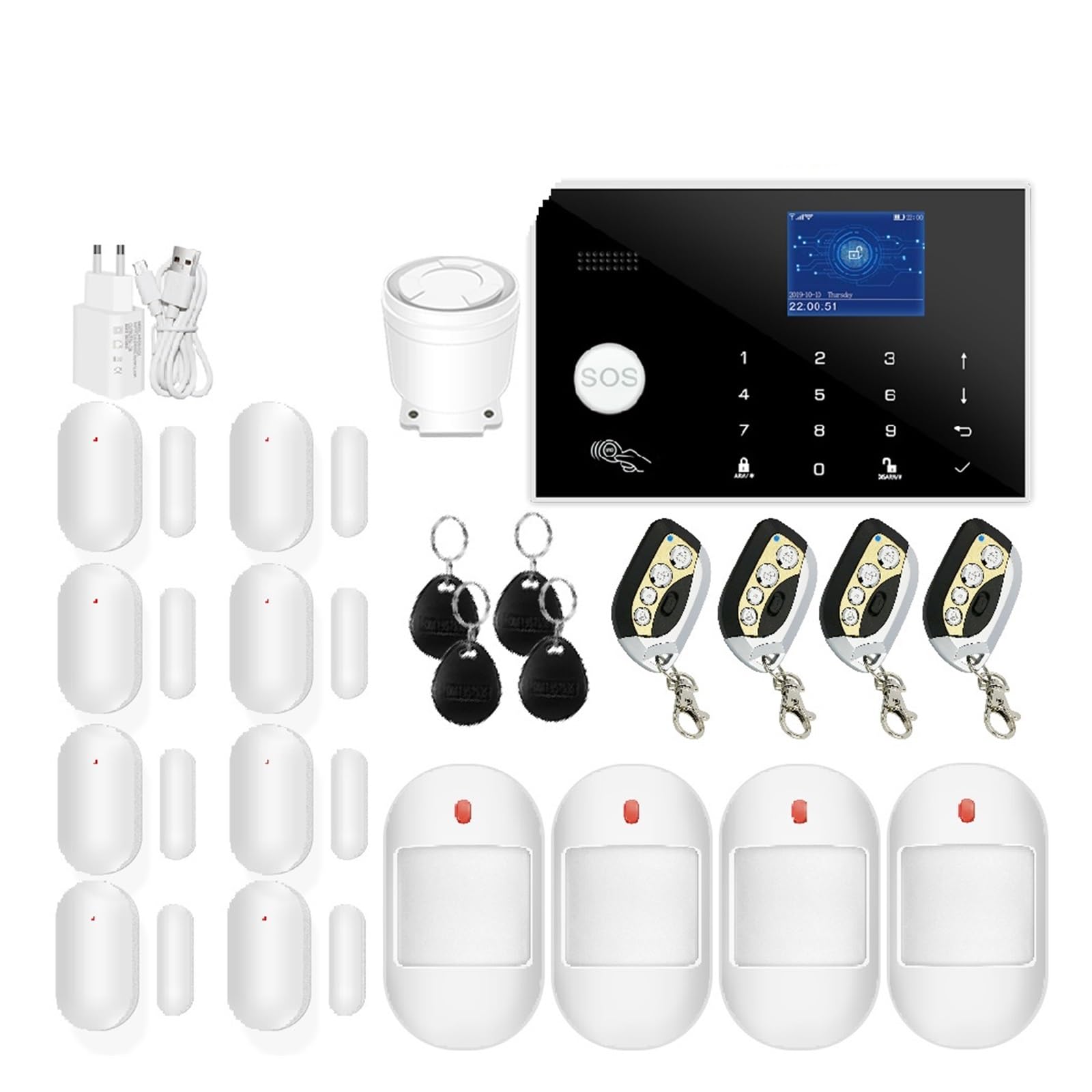 Sistema de Alarma para Casa, Alarma Inteligente GSM 433MHz Alarma De Seguridad 2,4 Pulgadas TFT De Alarma Antirrobo For El Hogar Funciona,para el hogar(Set 4)
