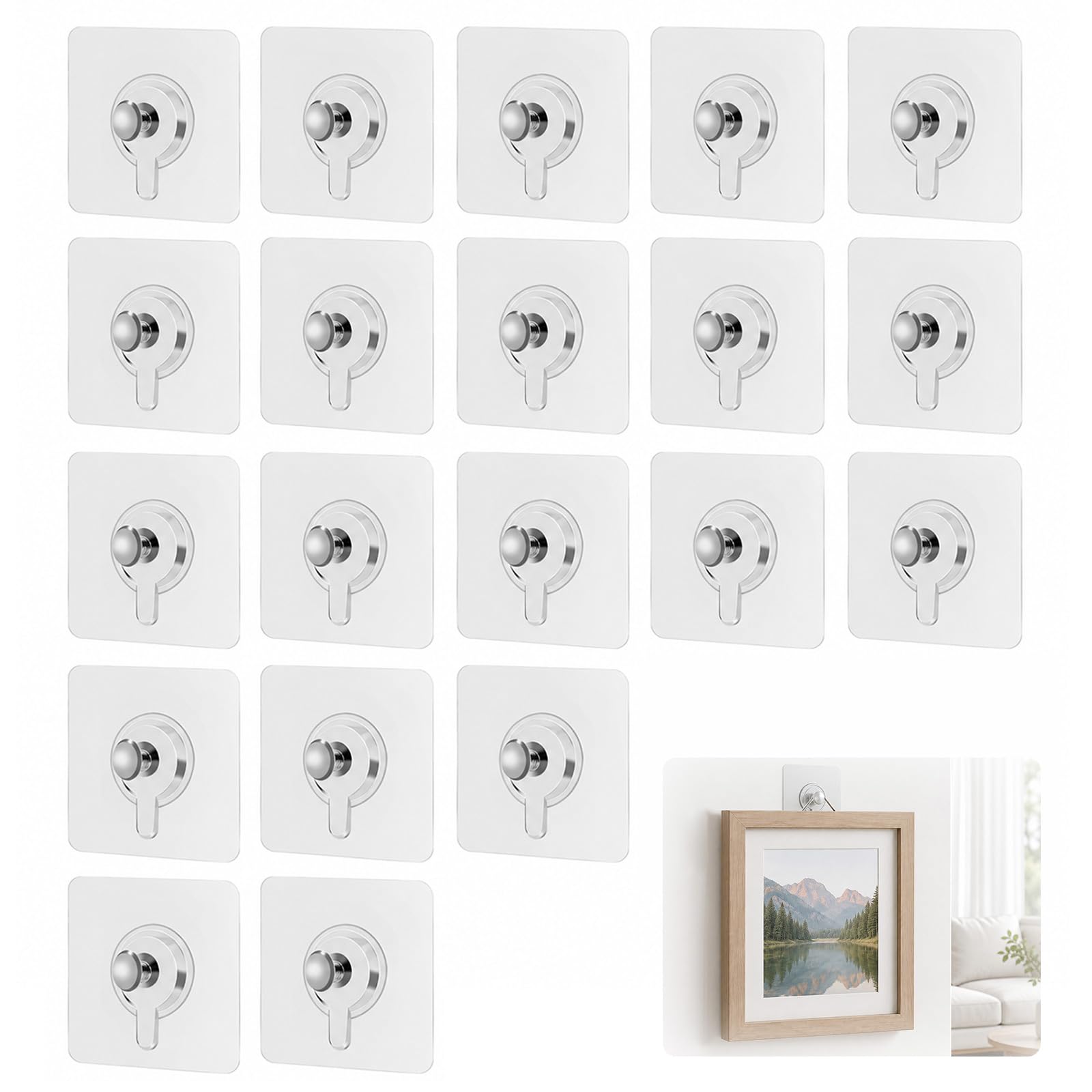 EUQWOSDD 20 Pack Transparent Self Adhesive Hooks, 6kg Max Load No Drill Picture Hangers for Wall Kitchen Bathroom