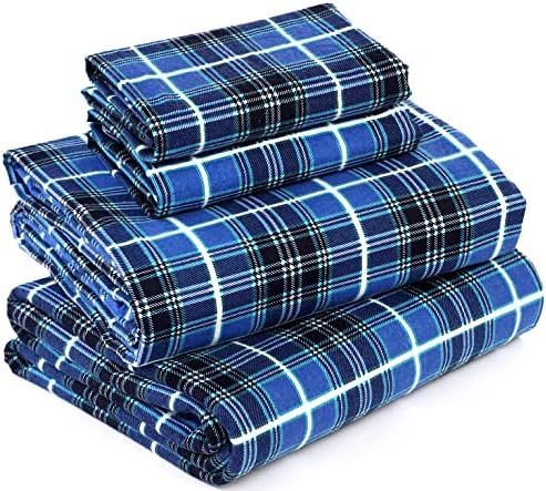 RUVANTI 100% Cotton 4 Pcs Flannel Sheets King, Deep Pocket, Warm, Super Soft, Breathable, Moisture Wicking Sheets for King Size Bed Include Flat, Fitted Sheet, 2 Pillowcase - Blue Plaid
