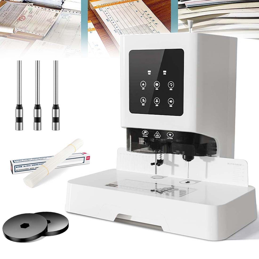 Rilegatrice per Ricevute E Voucher,Punzonatrice Automatica Hot-Melt,Rilegatrice per Libri con Tubi Rivettati,Rilegatrice per Documenti Contabili,con 3 Frese per Trapano,100 Tubi per Rivetti
