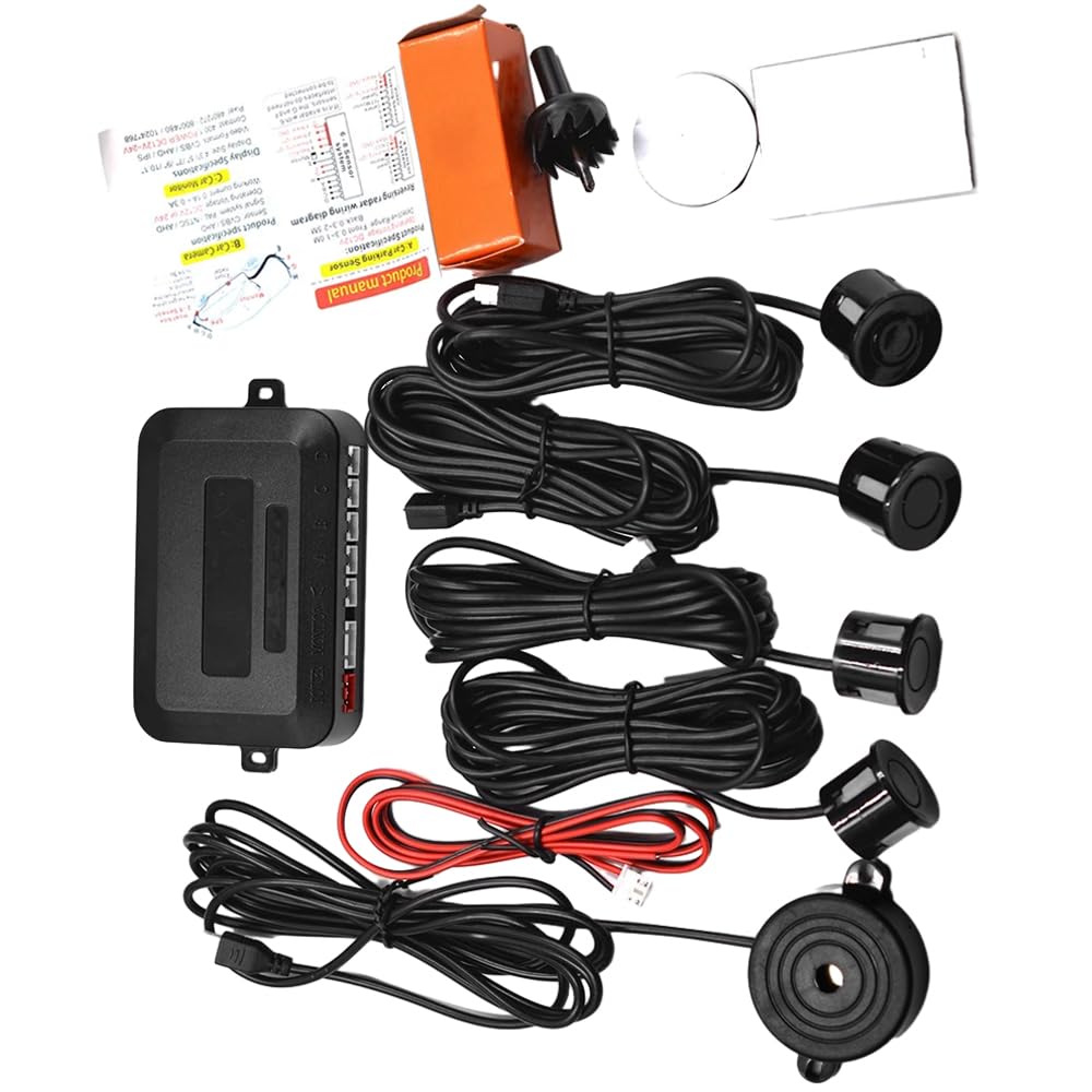KACEPAR Car Parking Reversing Radars System with 4 Parking Sensors Black, Universal Cars Parking Assistance Reversing Radar, Reverse Backup Parking Sensor Radar System Reversing Assistance Kit