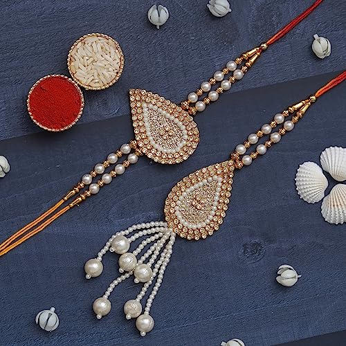 Image of eCraftIndia Diamonds, Pearls Designer Bhaiya Bhabhi Rakhi Set with Roli Chawal Pack -