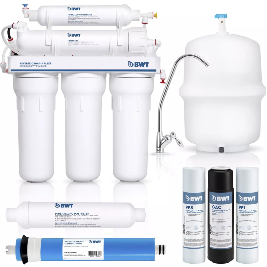 BWT Standard Osmose Inverse Domestique 75 GPD Sans Pompe – Débit de 11,8 L-h – Réservoir de 12 L – 5 étapes avec minéralisation – Taux de récupération de 10-20 purcent – Pression d'entrée de 3-6 bars