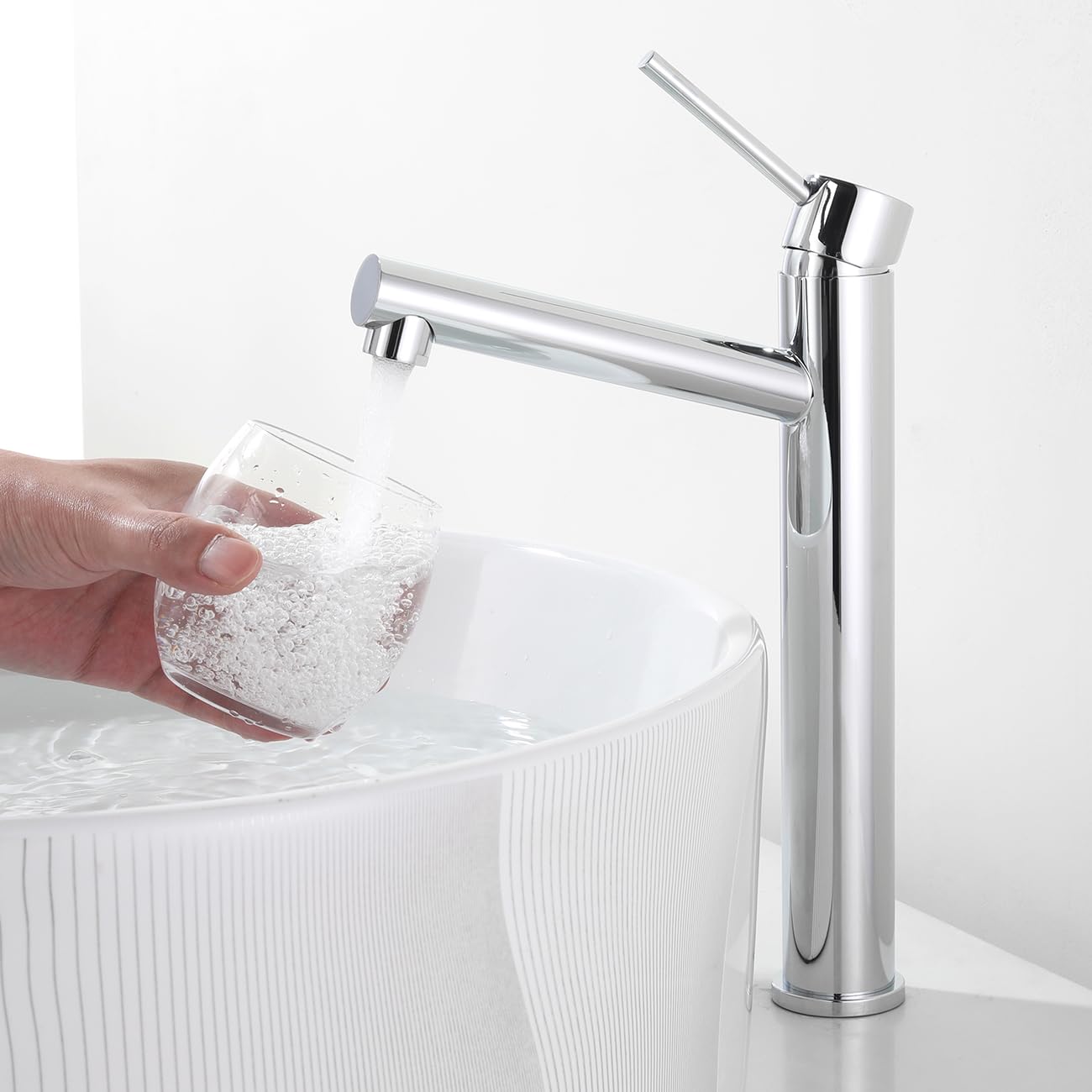 Robinet de Lavabo Haut, Mitigeur Vasque à Poser, Robinetterie Salle de Bain Chaud et Froid Réglable, Acier Inoxydable, Aérateur Démontable, Chromé