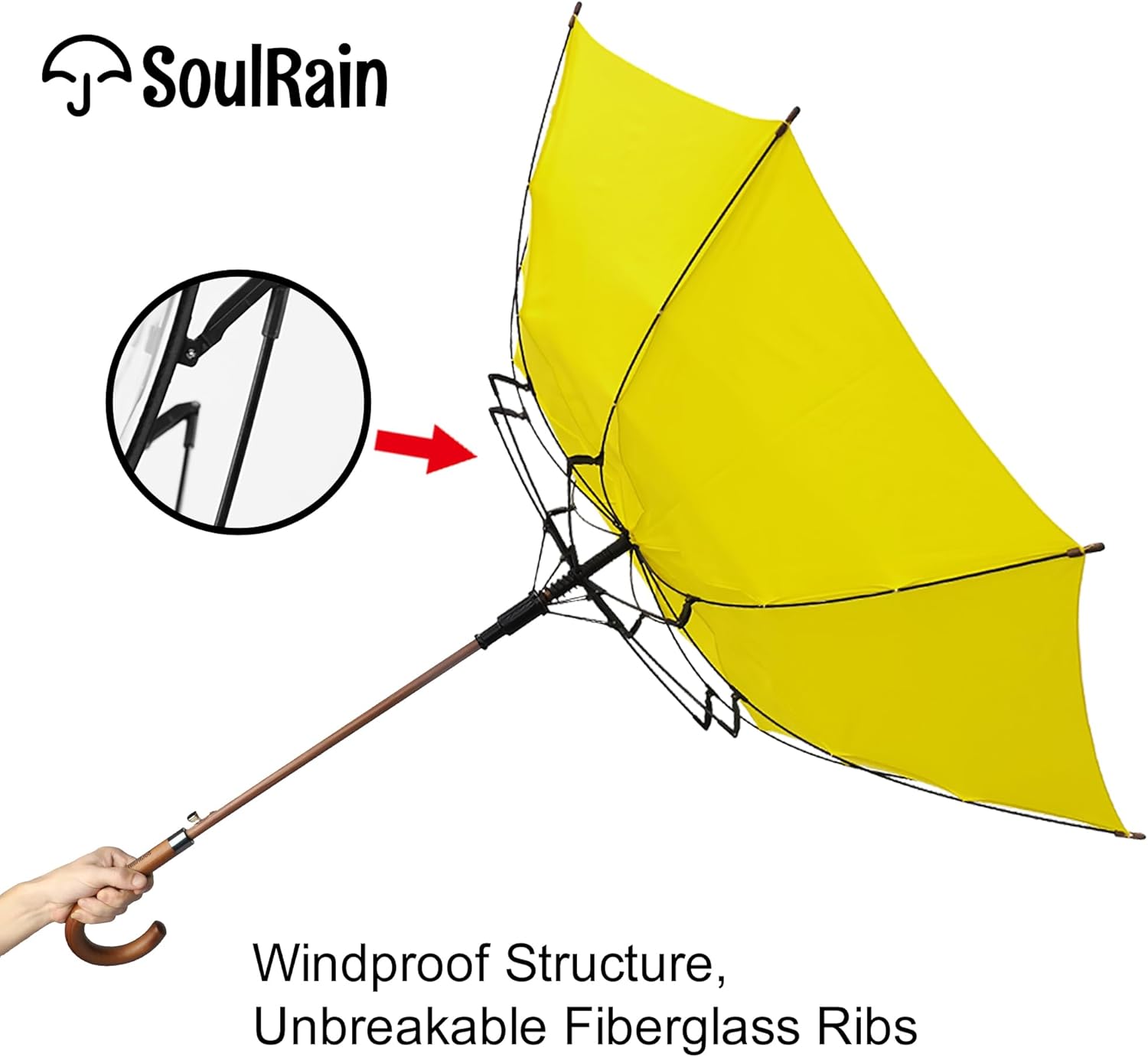 SoulRain 48" Large Umbrella –Windproof Stick Umbrellas for Rain, Automatic Open, Vintage Cane Yellow Umbrella with Classic Wooden Handle & Shaft,Open for 2 Persons for Women & Men(Yellow) - Image 5