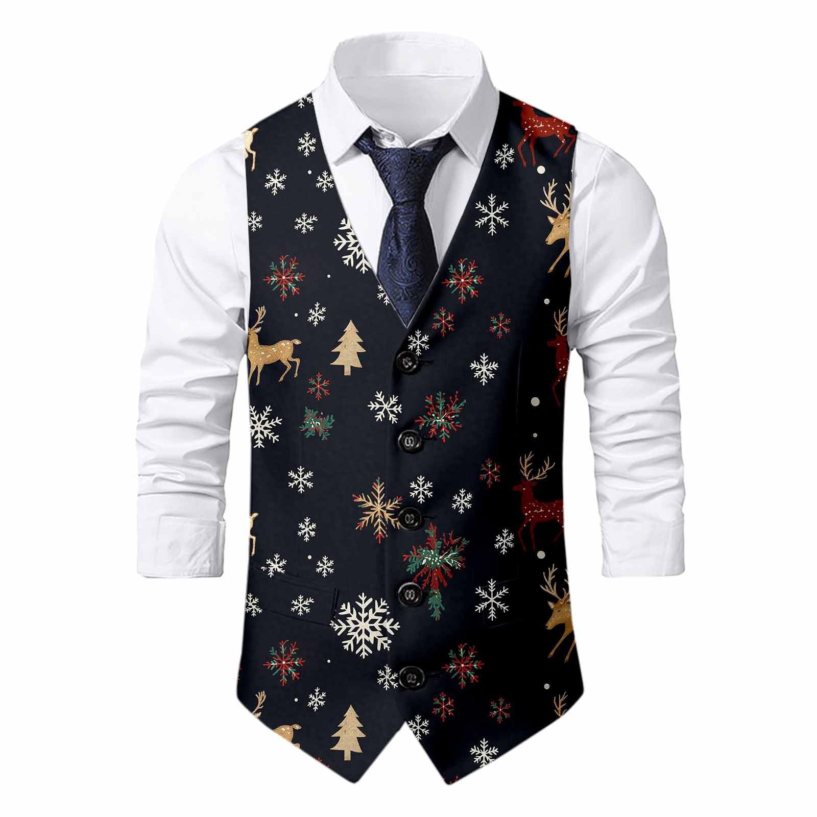 Christmas Waistcoat Mens Christmas Suit Vest un Waistcoat Fun Xmas Festive Happy Xmas Waistcoats V Neck Sleeveless Slim Fit Party Costumes Party Dress Up Vest Suit