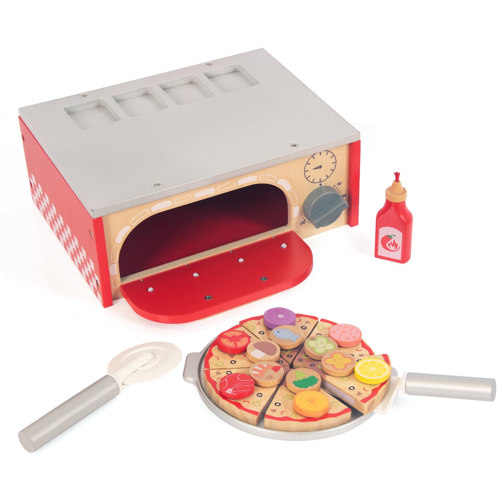 WoodenFun Holz Pizza Spielzeug Kit mit Pizza, Backofen, Rollengeräte, Tomatensauce, Rollenspiele Lebensmittelgeschäft, Kinderspielzeug ab 3 Jahren (Pizzaofen)