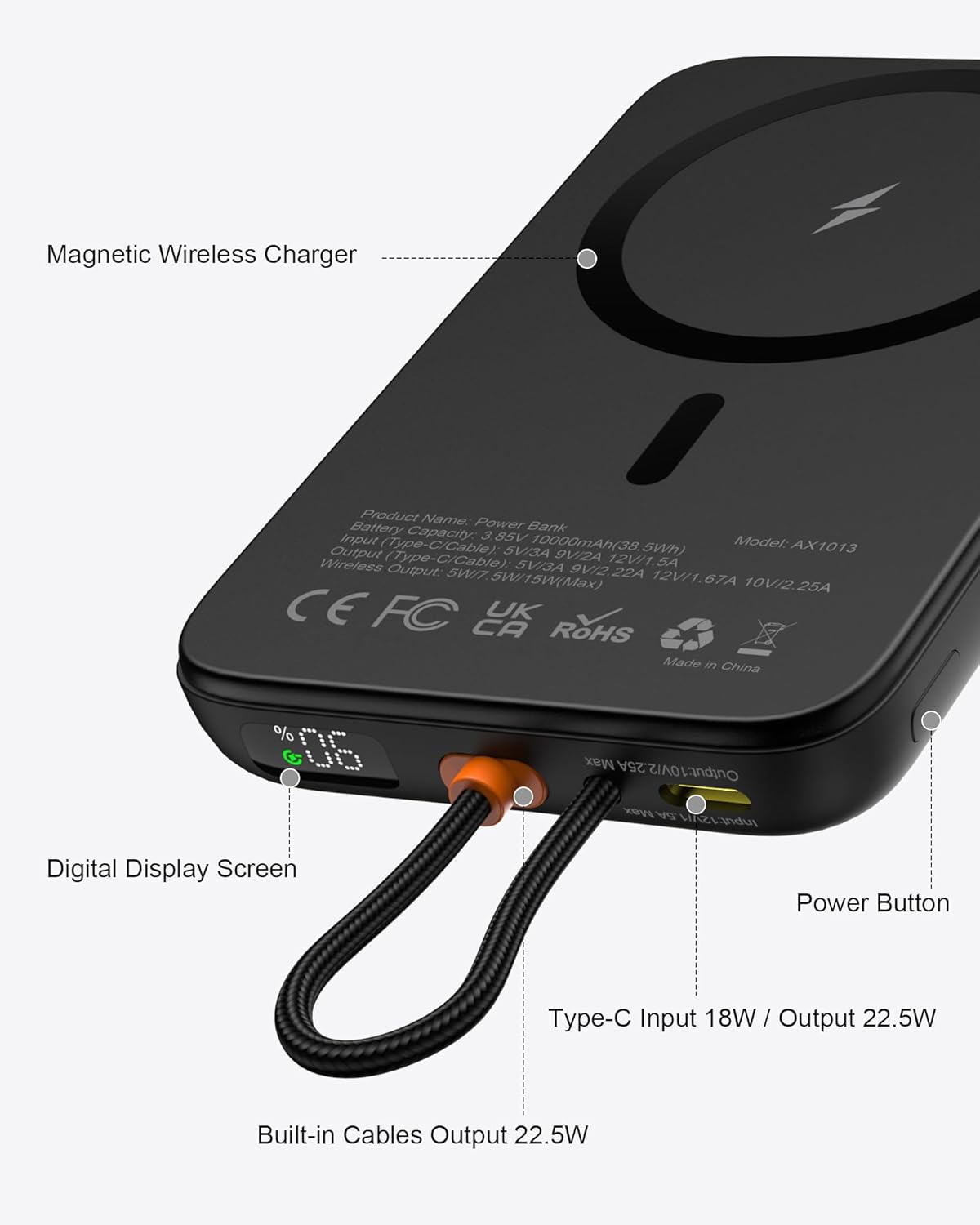 AsperX for Magsafe Power Bank, 10000mAh Wireless Magnetic Power Bank, 22.5W Wire Fast Charging Portable Charger with USB C Cable, LCD Display for Magsafe Battery Pack for iPhone 16/15/14/13/12 - Image 7