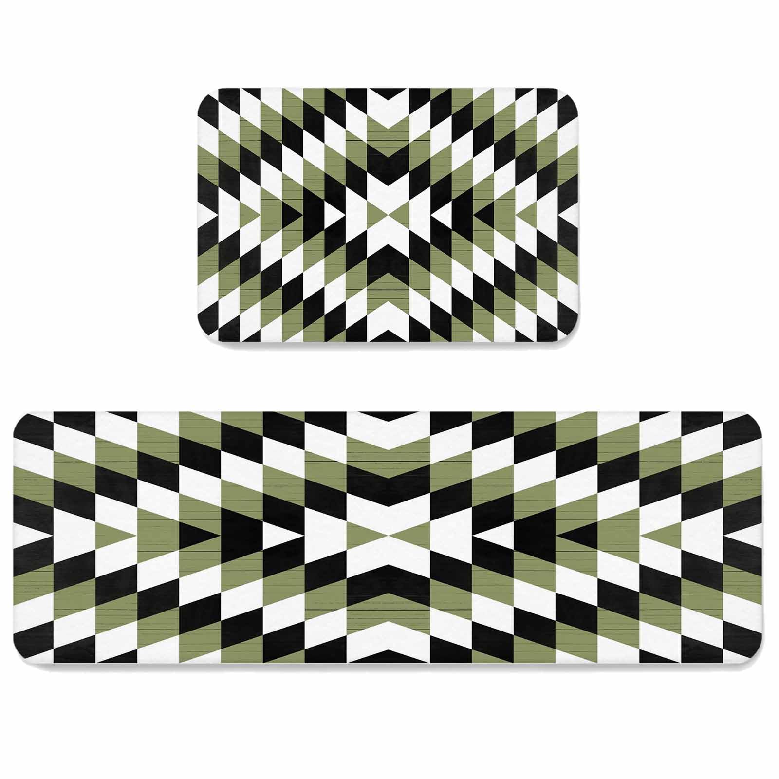 Hokiten Sage Green Black Southwestern Kitchen Rug Set 2 Pieces Non-Slip Entryway Doormat, Mexican Geometric Abstract Cushioned Runner Rug Standing