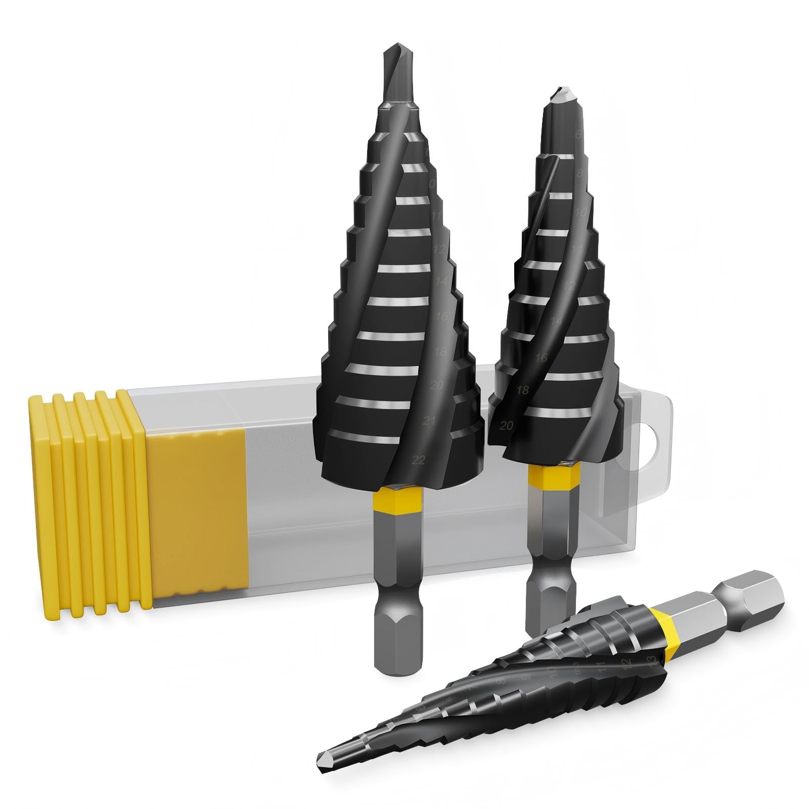 Premium 3PCS M35 Four Spiral Flute Step Drill Bit Set-One-piece design(3-13mm),Split-design(6-20mm,5-22mm) High-Speed Spiral Groove Design for Sheet Metal, Aluminium&Wood Ideal for DIY Enthusiasts ﻿﻿