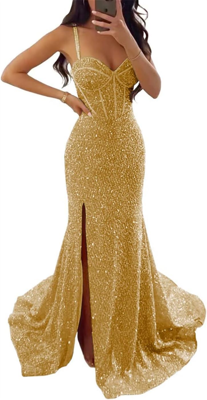 Hppee Women's Gold Mermaid Sequin Prom Dresses For Spaghetti Strap Sparkly Celebrity Dress Formal Gown With Slit Uk12