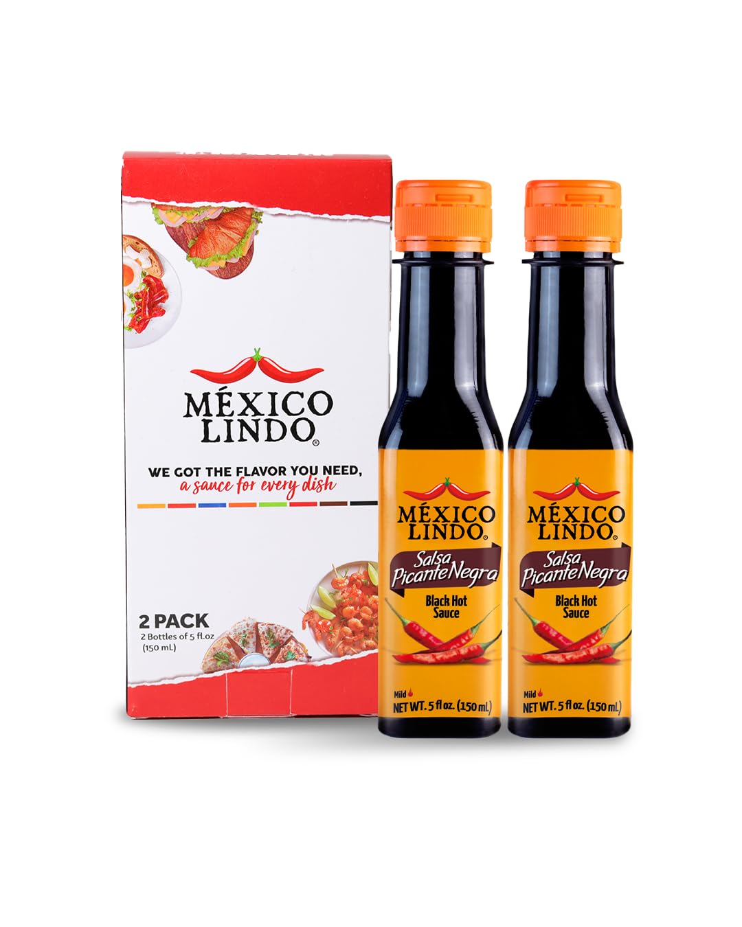 Mexico Lindo Picante Negra Hot Sauce | Light & Spicy | 8,400 Scoville Level | Great with Asian Food, Seafood & Meat | 5 Fl Oz Bottle (Pack of 2)