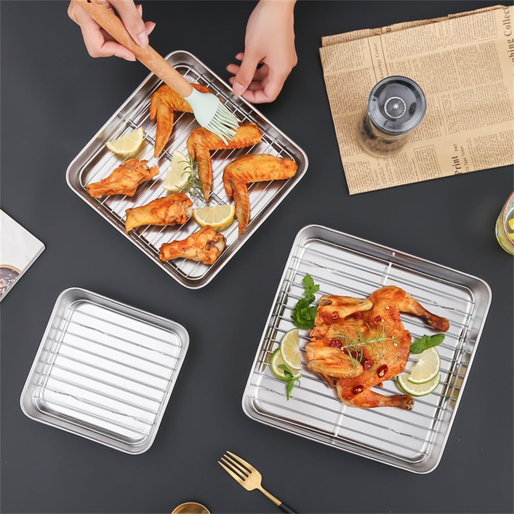 Plaque de cuisson carrée en acier inoxydable avec grille de refroidissement - Pour rôtir la dinde - 24 cm