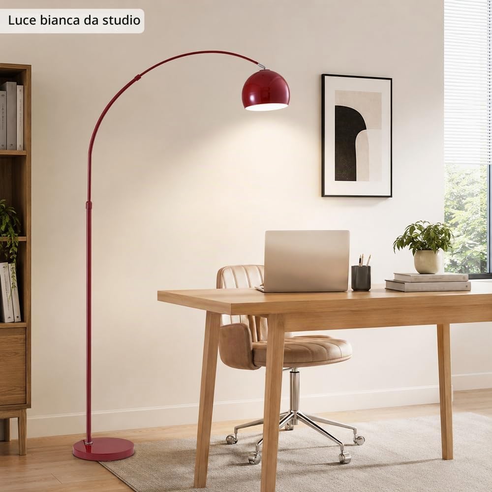 Lampada da terra moderna ad arco rosso, lampada da terra con braccio ad arco regolabile in altezza, luce da terra regolabile con dimmer a 3 colori e interruttore a pulsante, lampada da terra