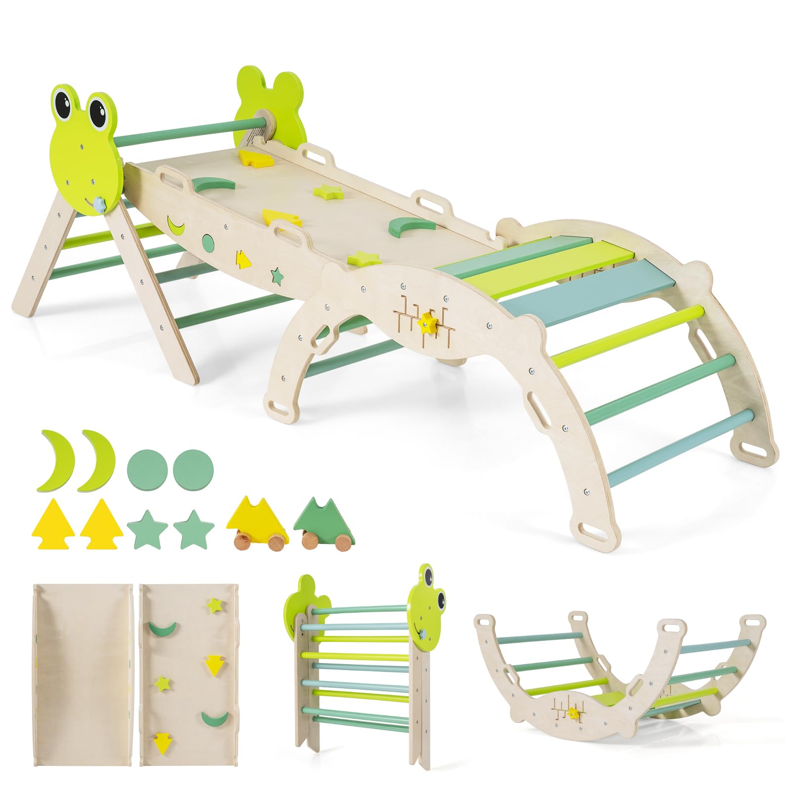 COSTWAY Triángulo de Escalada Interior, Estructura de Escalada Plegable con Tobogán, Arco de Escalar, Triángulo de Madera para Niños de 1+ año (Rana-3 Piezas,Verde)