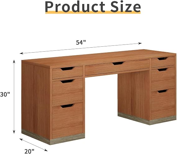MaverickFurni 54 Inch Executive Desk with Drawers, Computer Desk with 7 Drawers for Bedroom, Office Desk with File Cabinet for Work Study Writing, Small Spaces, Brown