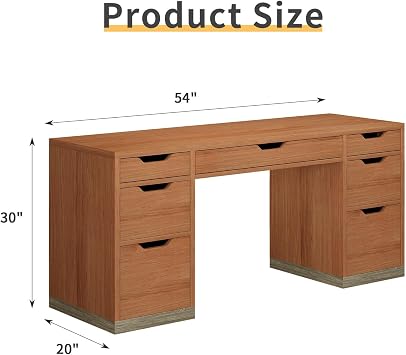 MaverickFurni 54 Inch Executive Desk with Drawers, Computer Desk with 7 Drawers for Bedroom, Office Desk with File Cabinet for Work Study Writing, Small Spaces, Brown