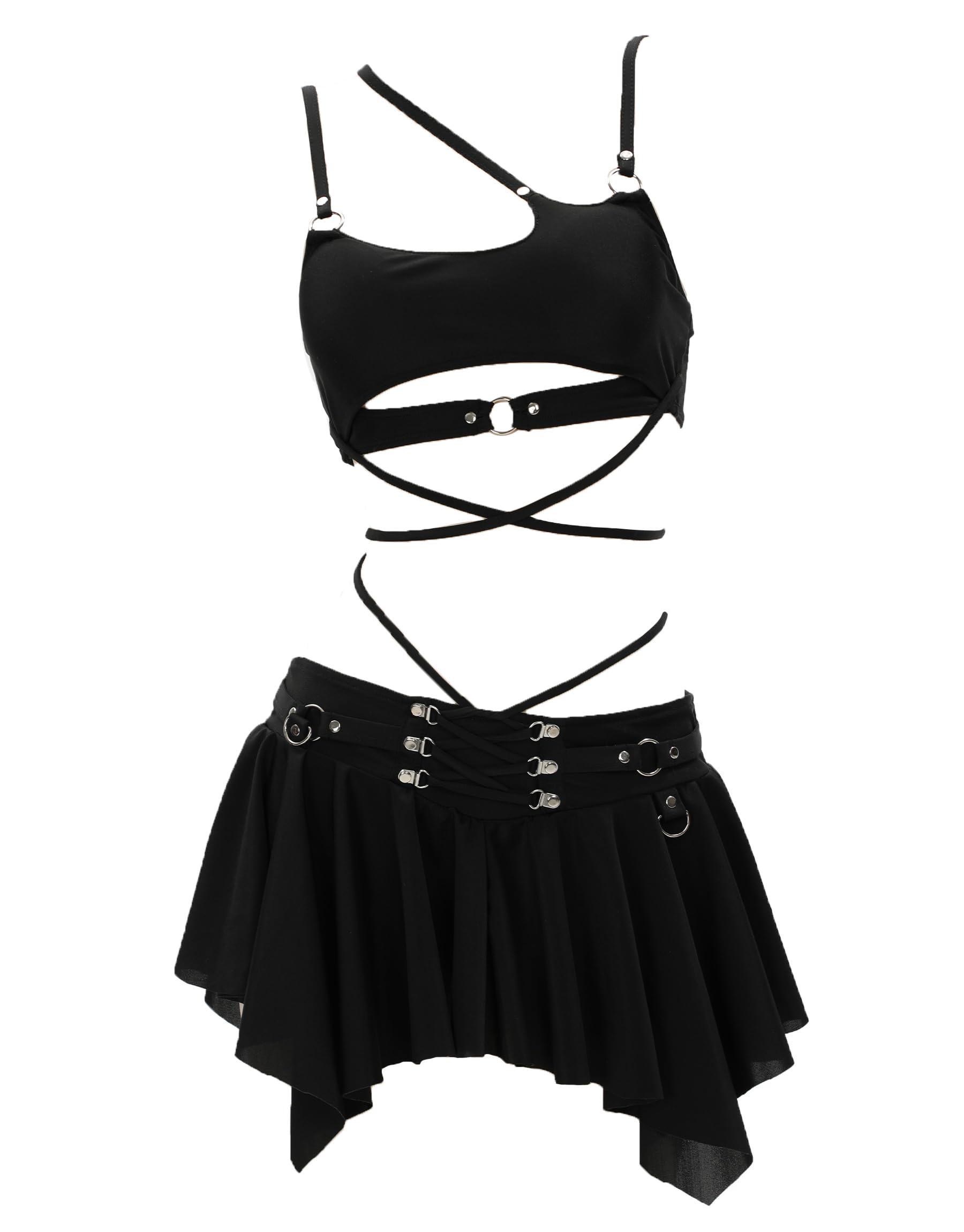 MEOWCOS Black Camisole Two-Piece Swimsuit with Skirt and Cover Up