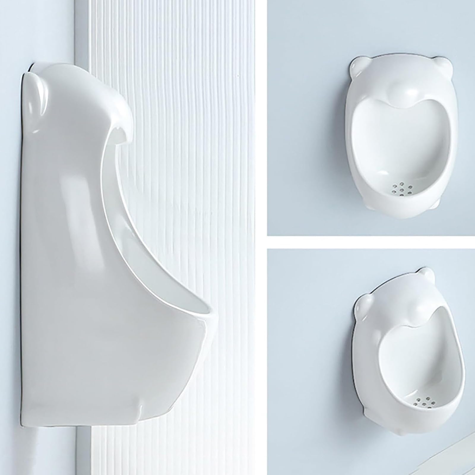 Orinal infantil montado en la pared con válvula de descarga manual, diseño antisalpicaduras, esencial para entrenamiento de inodoro para niños