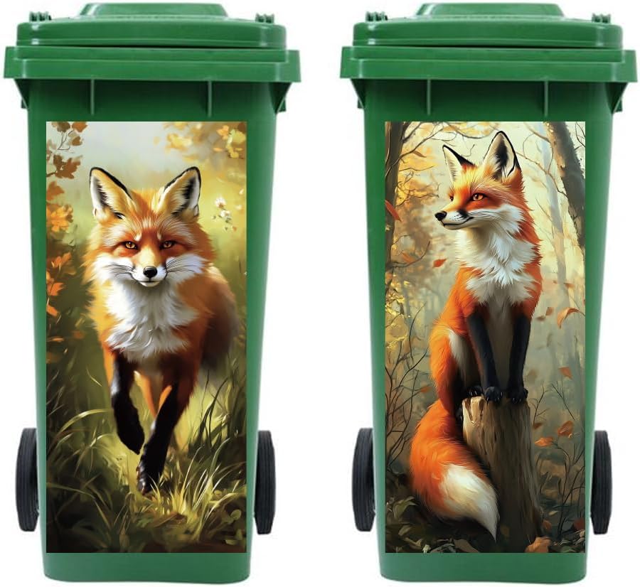 Peacoblue Wheelie Bin Stickers 2 Sheets Fox Sticky Dustbin Stickers Decals, 15in x 32in Waterproof Self Adhesive Large Wraps for Bins, Fridge, Wall Outdoor Indoor Patio Decor, Home Decoration