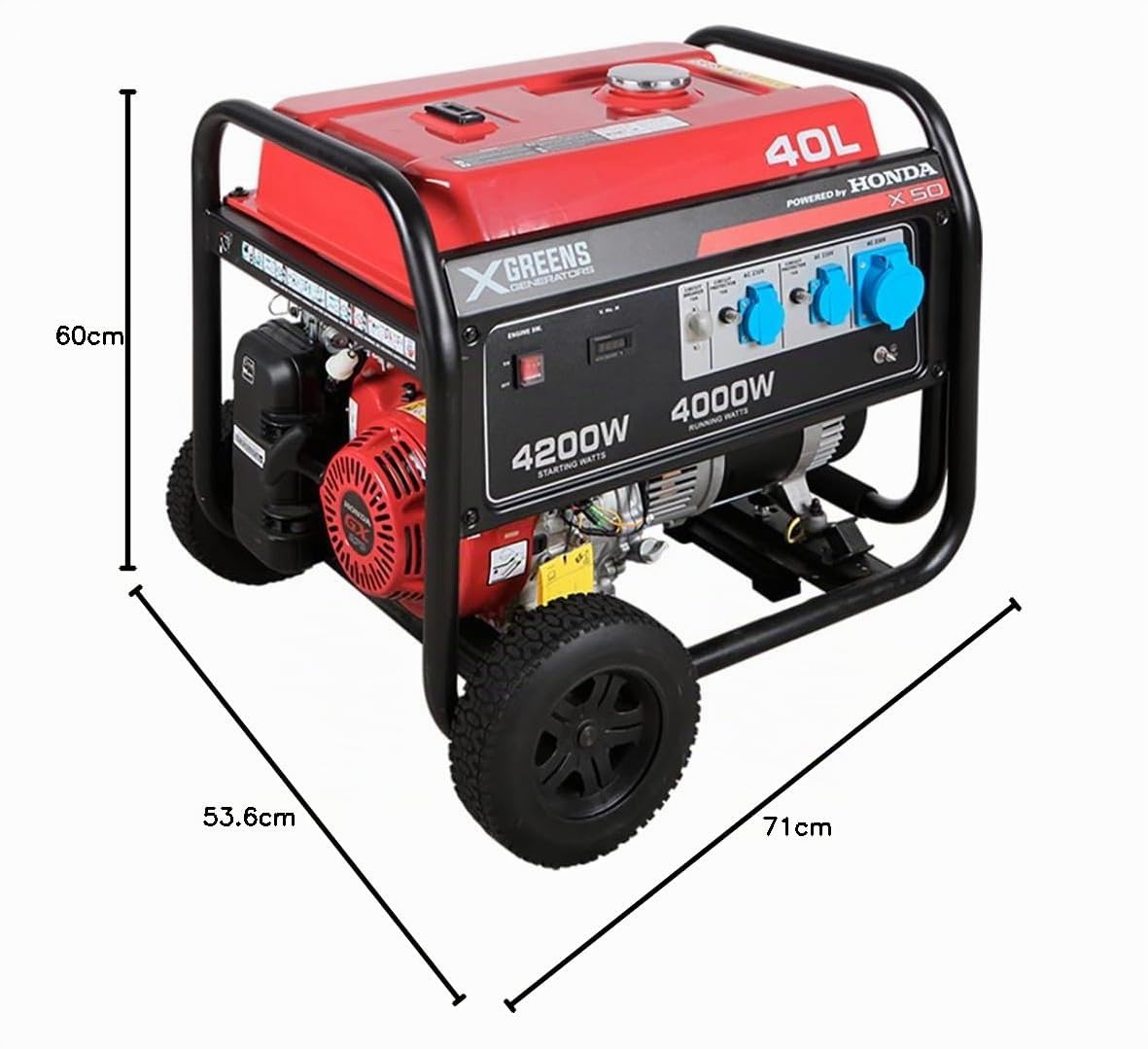 Generador de corriente (gasolina) X50 (máx. 4.200W, depósito 40 l, AVR, Powered by Honda, ruedas, alerta aceite, monofásico, 3 tomas 230V, protección térmica y panel digital)