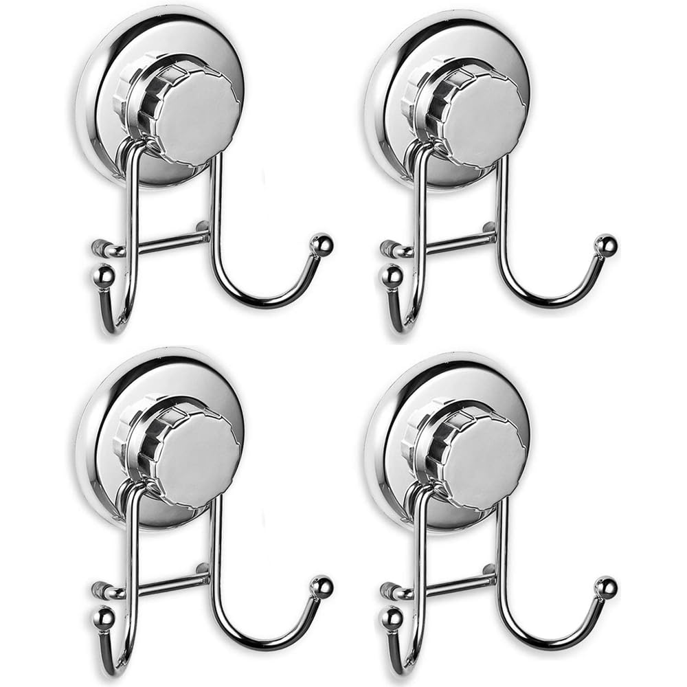 AUFUYAOLIN Powerful Vacuum Suction Cup Hooks - Organizer for Towel, Bathrobe and Loofah - Strong Stainless Steel Towel Hooks for Bathroom & Kitchen, Towel Hanger Storage (4 Pack)