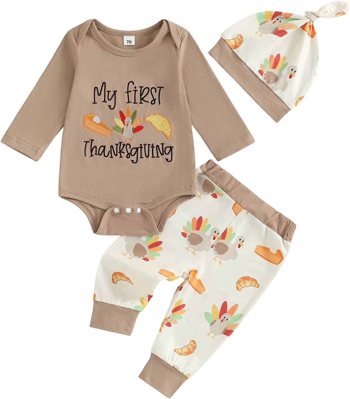 My First Thanksgiving Baby Boy Outfit Newborn Turkey Embroidery Long Sleeve Romper Pants Hat 3Pcs Fall Clothes Set