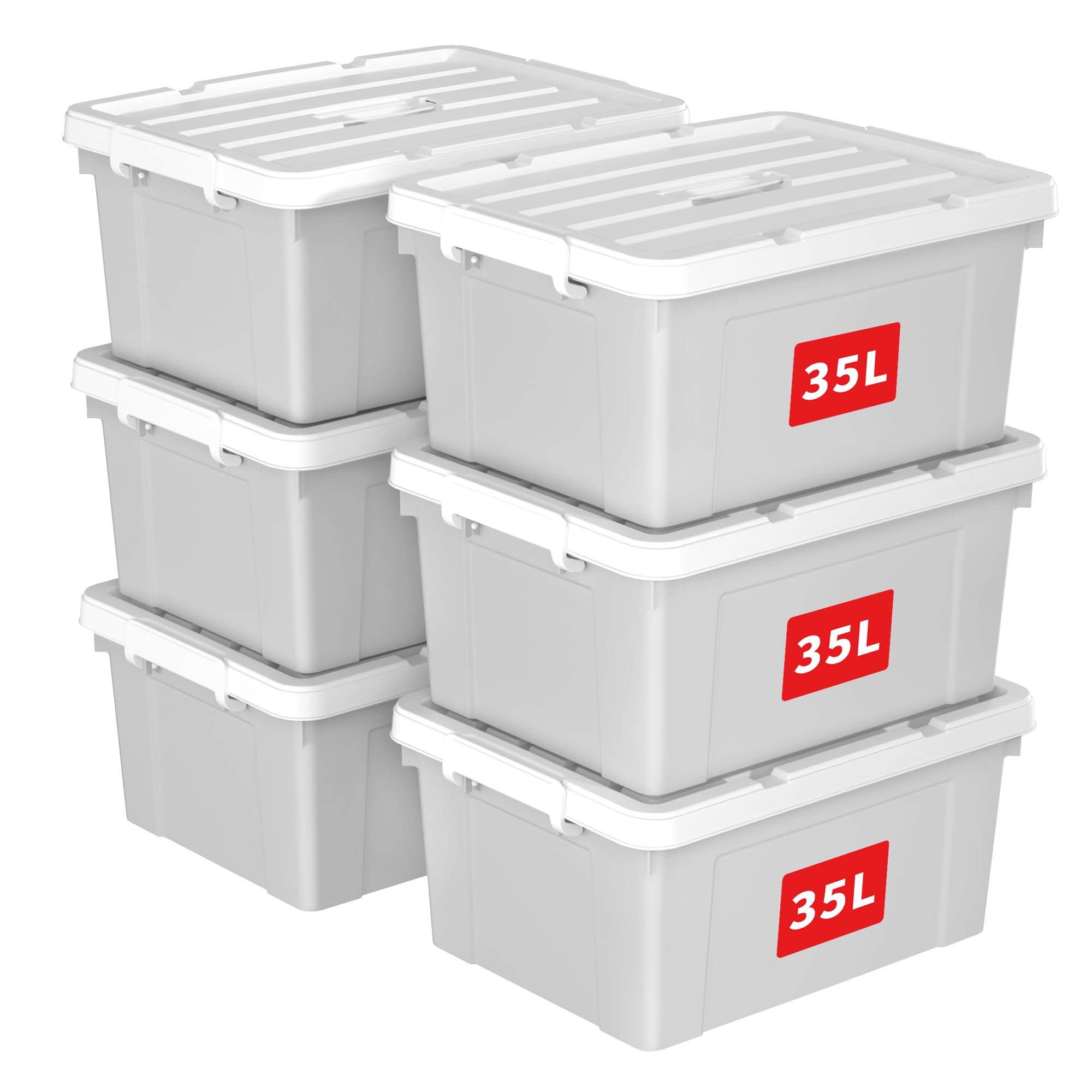 Cetomo 35L*6 Caja de Almacenamiento con Asa, Caja de Plástico con Tapa y Cierre Seguro, Contenedor de Almacenamiento Grande, Duradera, Apilable, Resistentes, Gris, Paquete de 6 de 35L