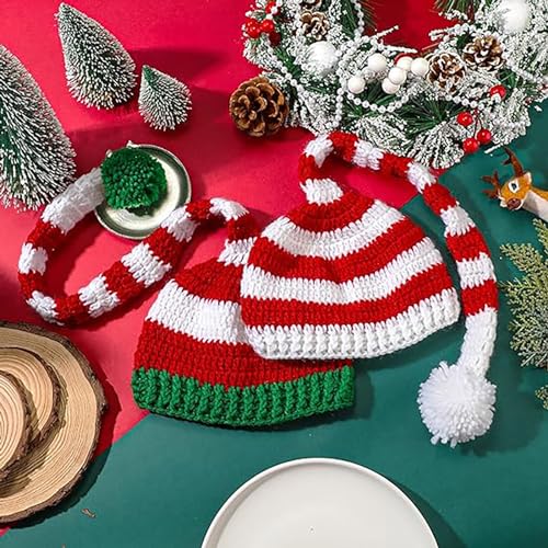2 Pieces Baby Christmas Long Tail Hat Pom Knitted Crochet Christmas Tree Beanie with Pom Winter Warm Santa Hat for Newborn Baby Photography Photo Props4