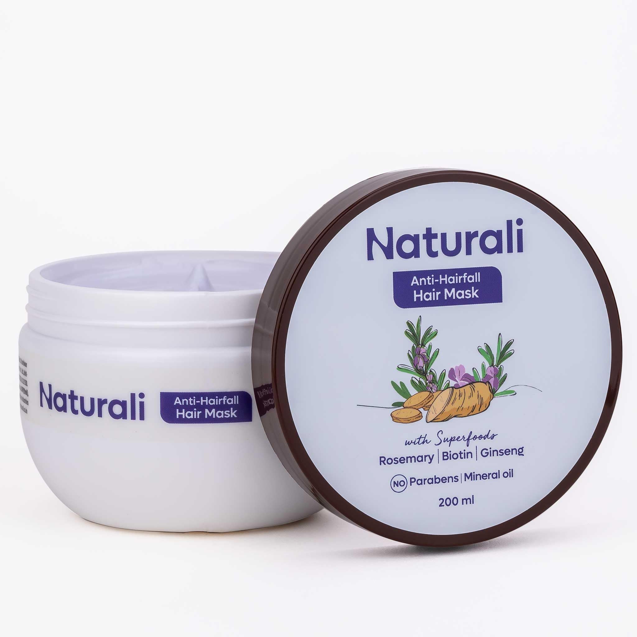 Naturali Anti-Hairfall Hair Mask With Rosemary, Ginseng & Biotin | Repairs Damaged Hair | Promotes Hair Follicle Growth | Paraben & Mineral Oil Free | 200ml