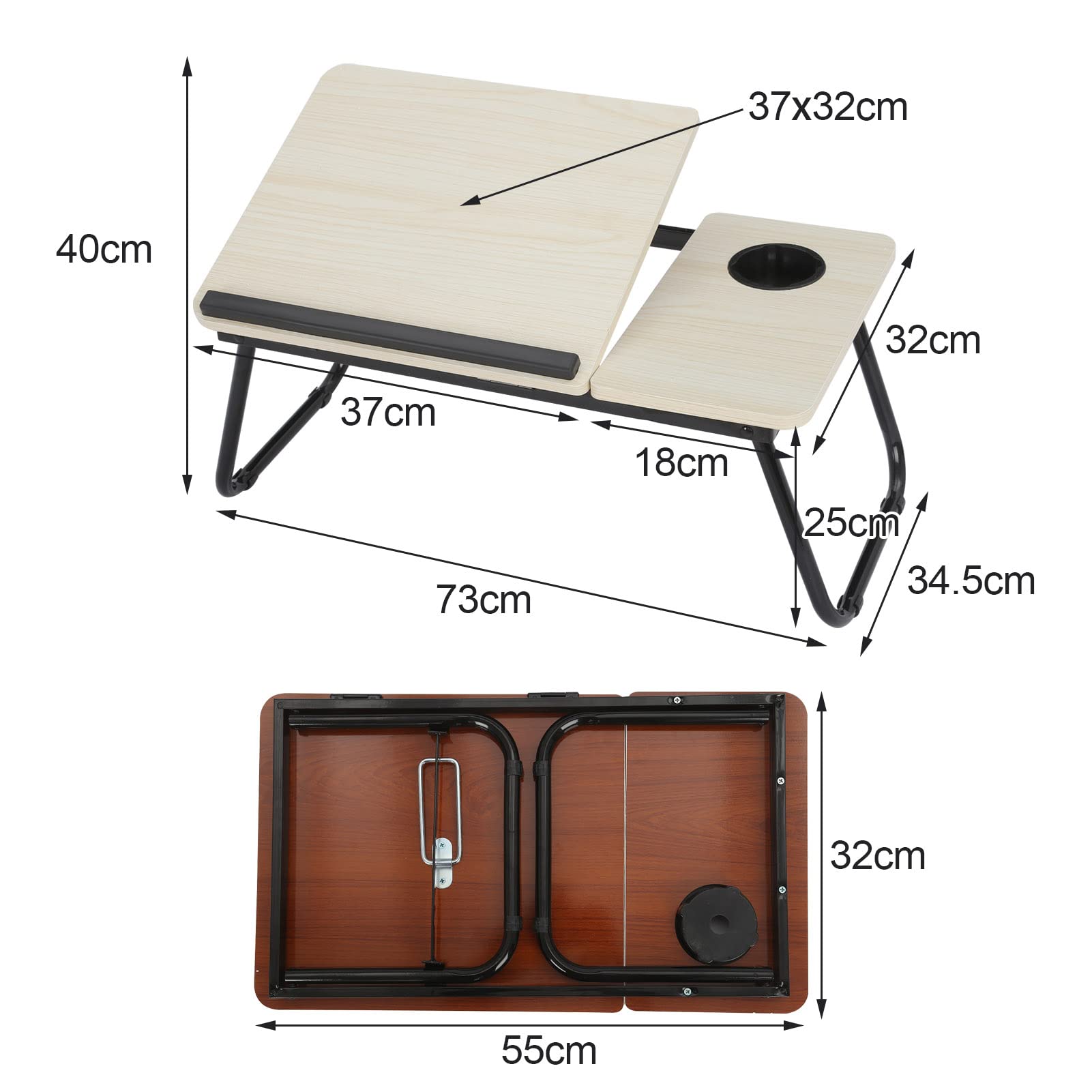 Tavolo pieghevole per computer portatile, 55 x 32 x 25 cm, per tablet e computer portatile, con porta bevande, per lettura o colazione (bianco)