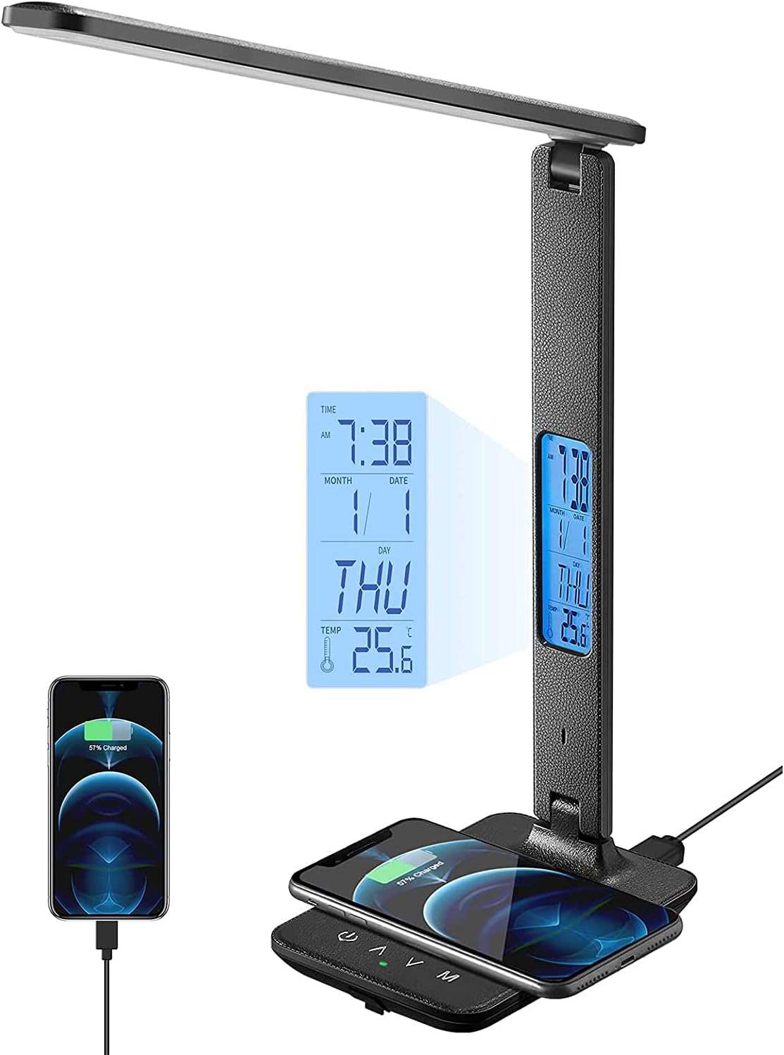 Gluckluz Desk Lamp LED Table Light Foldable Touch Control Reading Lamp with Wireless USB Charging Port 3 Lighting Modes 5 Brightness Levels Built-in Clock Calendar Thermometer for Study Office (Black)