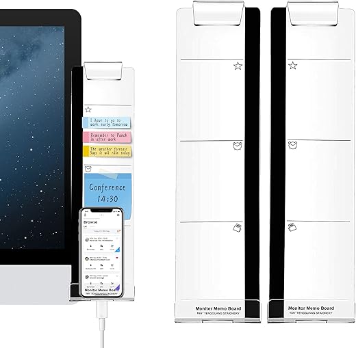 Multifunction Computer Monitor Memo Board - Transparent Computer Side Panel Memo Creative Monitor Side Panel with Phone Holder Suitable for Office Home Desktop (Left and Right) 1 Set