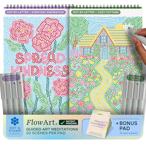 Lifelines FlowArt Activity Pads 2-Pack & Bonus Pad - Guided Dot-by-Letter Meditations with Markers - 8 Double-Sided Markers & 48 Scenes - Dot Art Coloring Books for Tweens Adults & Seniors